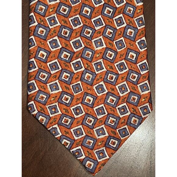Saks Fifth Avenue Orange Blue Hand Made 100% Silk Men’s Neck Tie Made In Spain - Picture 1 of 10